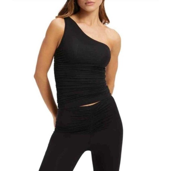 GOOD AMERICAN Asymmetrical One Shoulder Ruched  Tank Top in Black - SIZE 1- NWT - Picture 1 of 12